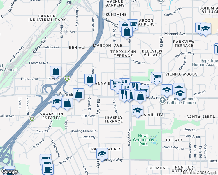 map of restaurants, bars, coffee shops, grocery stores, and more near 2513 Anna Way in Sacramento