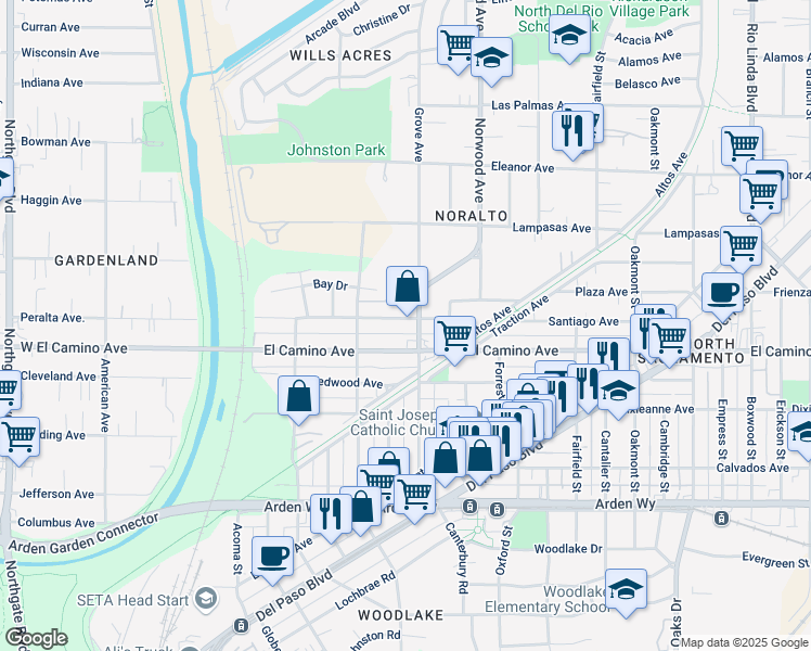 map of restaurants, bars, coffee shops, grocery stores, and more near 295 El Camino Avenue in Sacramento