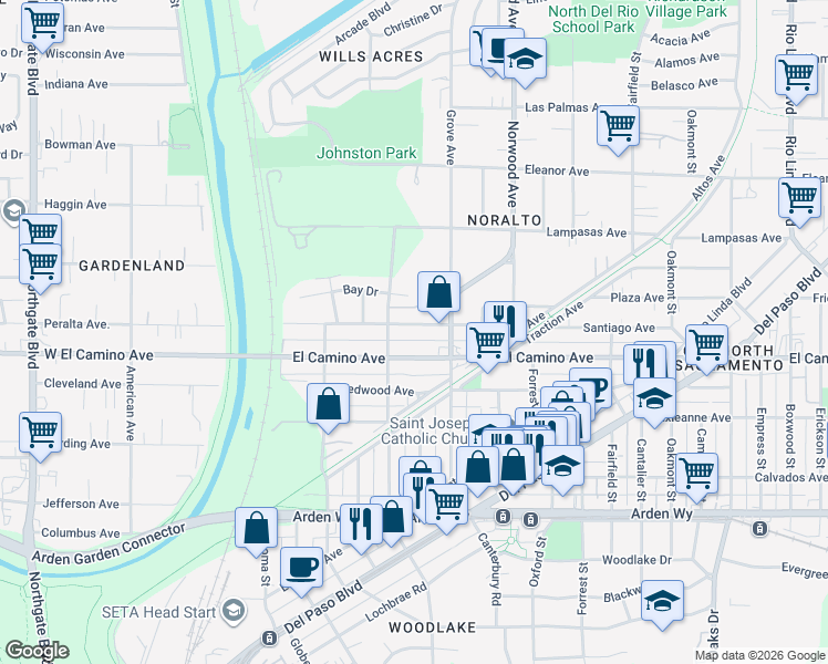 map of restaurants, bars, coffee shops, grocery stores, and more near 233 El Camino Avenue in Sacramento