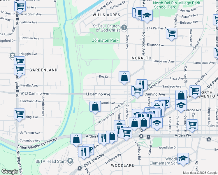 map of restaurants, bars, coffee shops, grocery stores, and more near 179 West El Camino Avenue in Sacramento