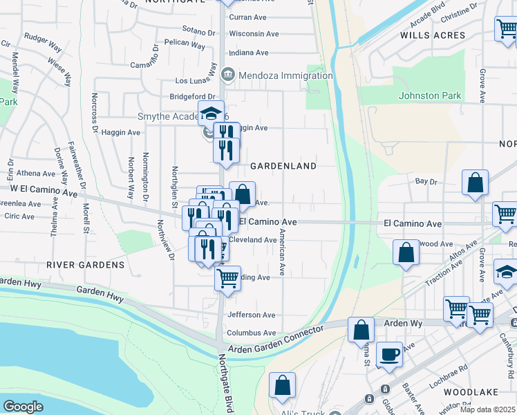 map of restaurants, bars, coffee shops, grocery stores, and more near 435 West El Camino Avenue in Sacramento