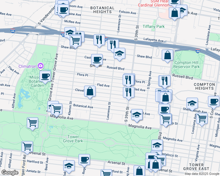 map of restaurants, bars, coffee shops, grocery stores, and more near 4007 Cleveland Avenue in St. Louis