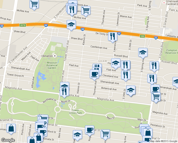 map of restaurants, bars, coffee shops, grocery stores, and more near 4116 Cleveland Avenue in St. Louis