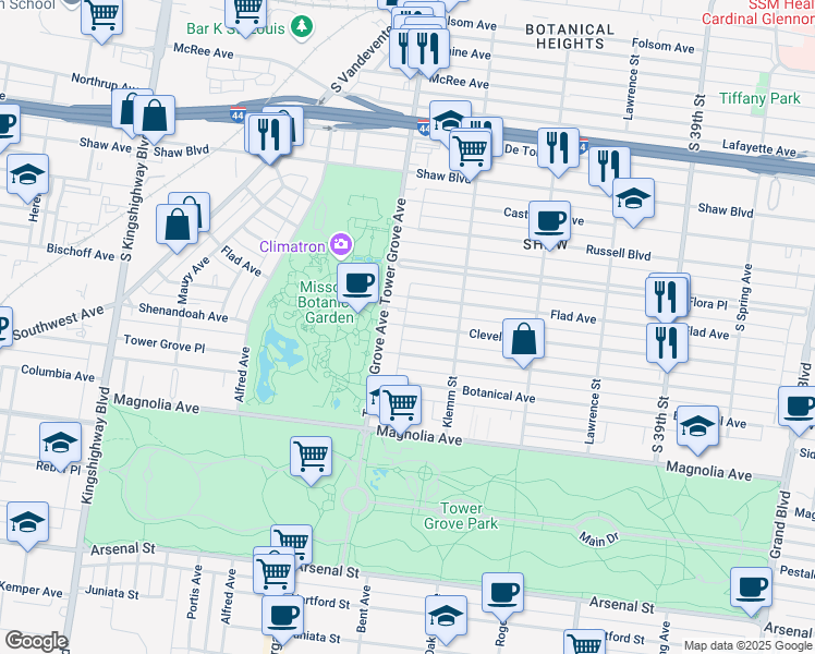 map of restaurants, bars, coffee shops, grocery stores, and more near 4254 Cleveland Avenue in St. Louis