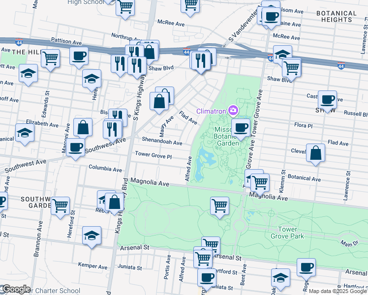 map of restaurants, bars, coffee shops, grocery stores, and more near 4501 Tower Grove Place in St. Louis