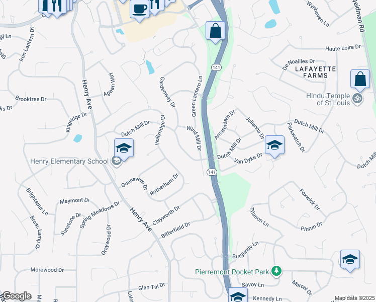 map of restaurants, bars, coffee shops, grocery stores, and more near 923 Dutch Mill Drive in Ballwin