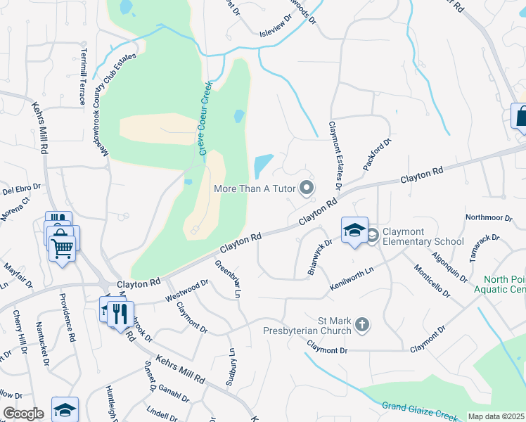 map of restaurants, bars, coffee shops, grocery stores, and more near 15197 Clayton Road in Chesterfield