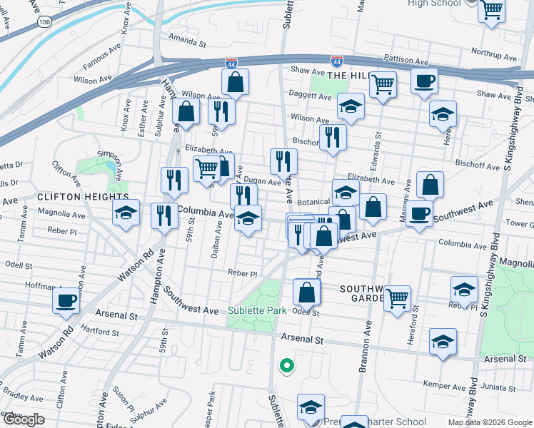 map of restaurants, bars, coffee shops, grocery stores, and more near 5610 Columbia Avenue in St. Louis