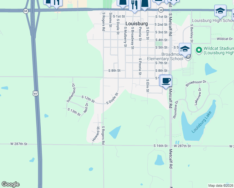 map of restaurants, bars, coffee shops, grocery stores, and more near 1101 South Doyle Street in Louisburg