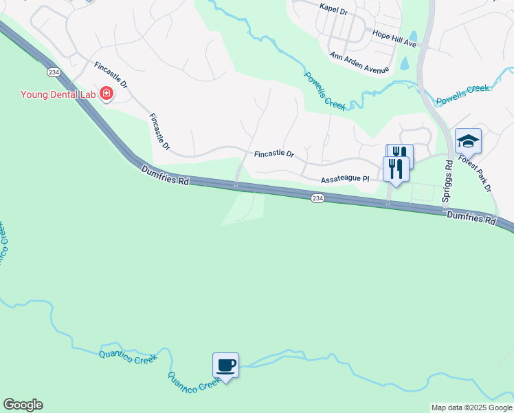 map of restaurants, bars, coffee shops, grocery stores, and more near 15608 Dumfries Road in Manassas
