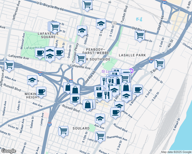 map of restaurants, bars, coffee shops, grocery stores, and more near 1700 South 11th Street in St. Louis