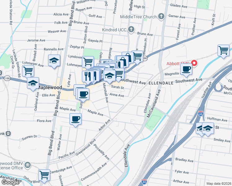 map of restaurants, bars, coffee shops, grocery stores, and more near 7230 Anna Avenue in Maplewood