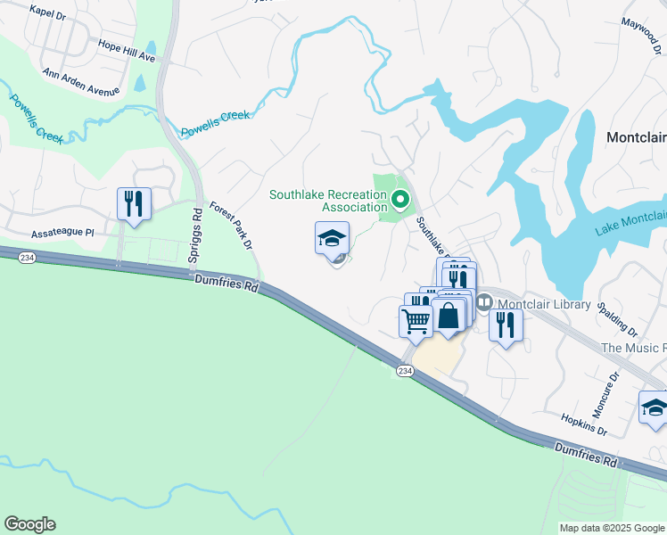 map of restaurants, bars, coffee shops, grocery stores, and more near 15721 Forest Park Drive in Woodbridge