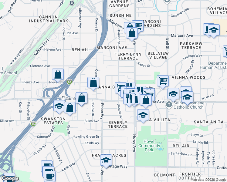 map of restaurants, bars, coffee shops, grocery stores, and more near 2513 Anna Way in Sacramento