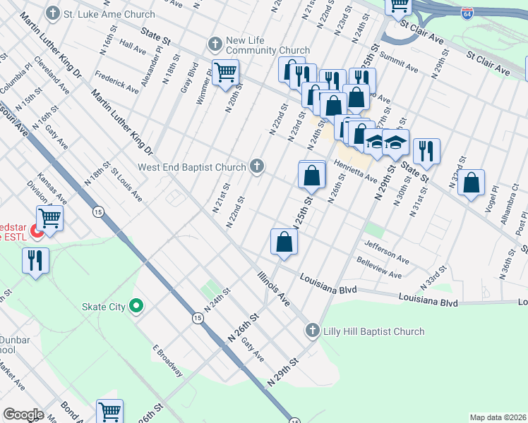 map of restaurants, bars, coffee shops, grocery stores, and more near 2302 Belleview Avenue in East St. Louis