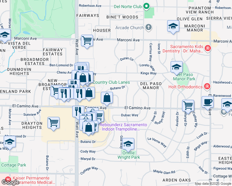 map of restaurants, bars, coffee shops, grocery stores, and more near 2549 Borica Way in Sacramento