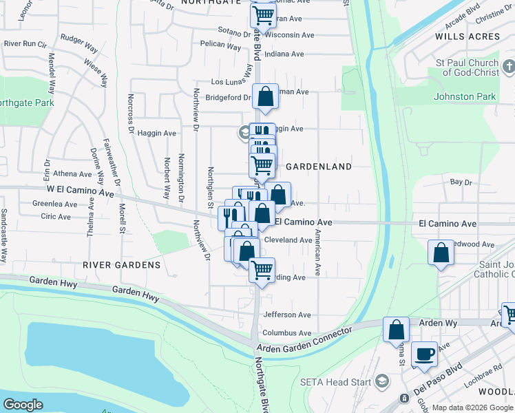 map of restaurants, bars, coffee shops, grocery stores, and more near Northgate Boulevard in Sacramento