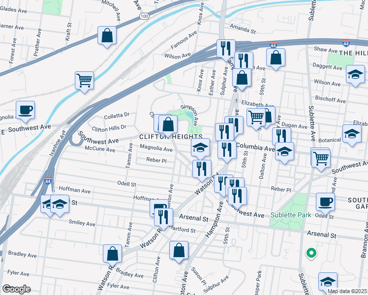 map of restaurants, bars, coffee shops, grocery stores, and more near 6115 Southwest Avenue in St. Louis