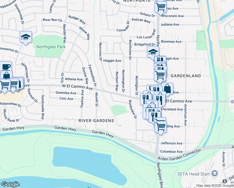 map of restaurants, bars, coffee shops, grocery stores, and more near West El Camino Avenue & Norbert Way in Sacramento