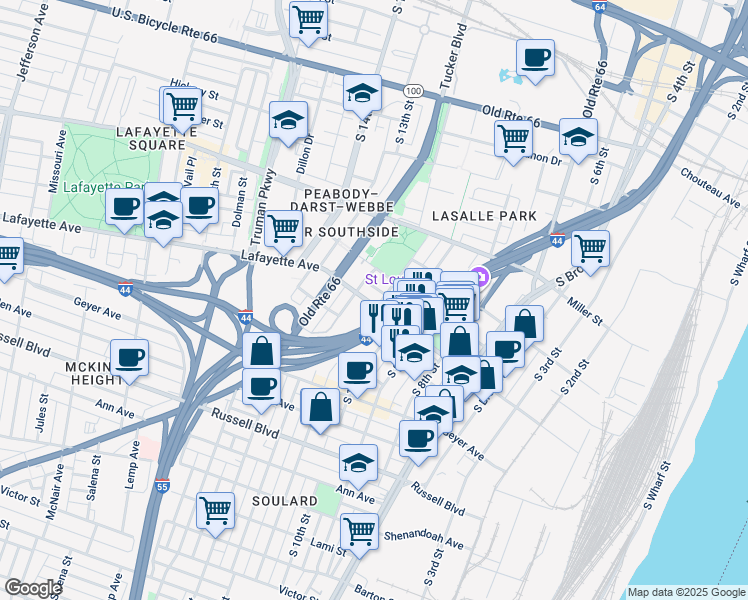 map of restaurants, bars, coffee shops, grocery stores, and more near 1047 Lafayette Avenue in St. Louis