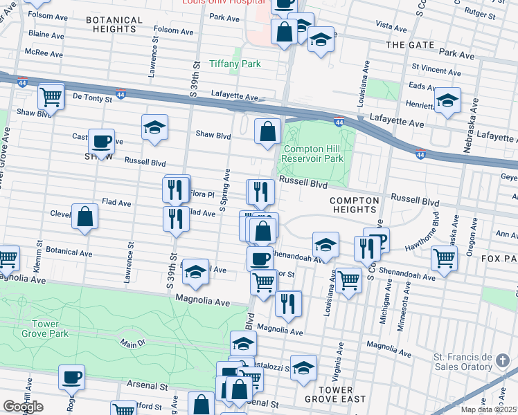 map of restaurants, bars, coffee shops, grocery stores, and more near 3625 Flad Avenue in St. Louis