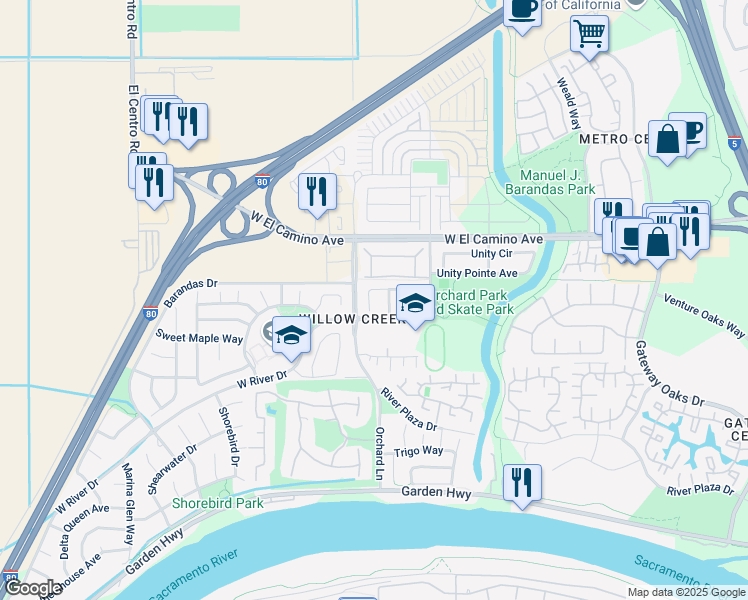 map of restaurants, bars, coffee shops, grocery stores, and more near 2500 Marta Bella Way in Sacramento