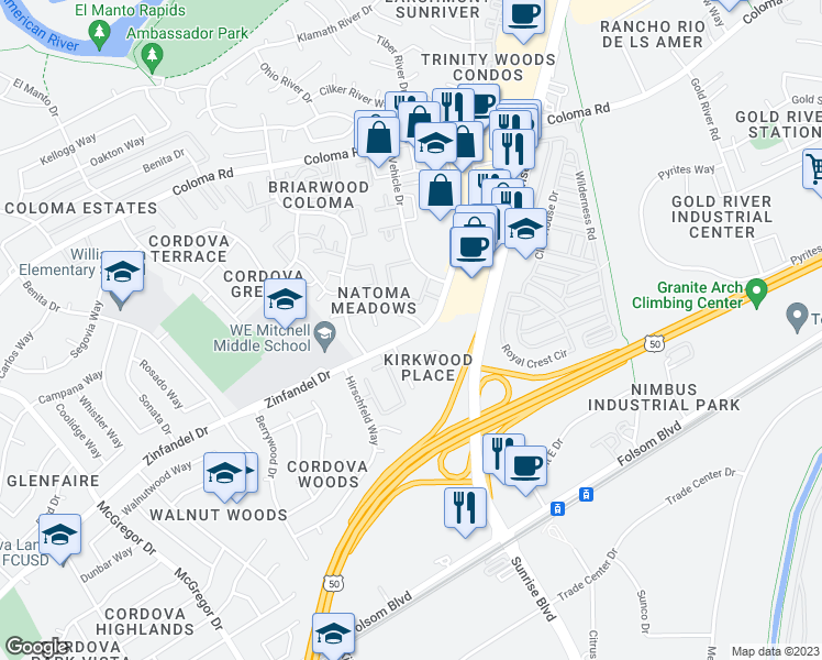 map of restaurants, bars, coffee shops, grocery stores, and more near 2004 Zinfandel Drive in Rancho Cordova