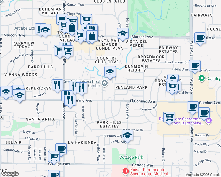 map of restaurants, bars, coffee shops, grocery stores, and more near 2541 Kent Drive in Sacramento