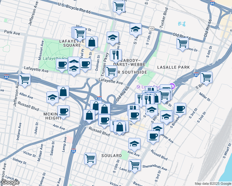 map of restaurants, bars, coffee shops, grocery stores, and more near 1812 South 13th Street in St. Louis