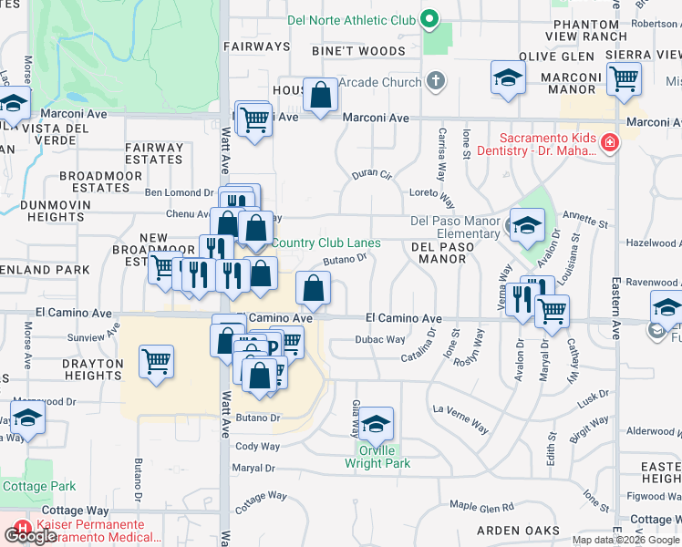 map of restaurants, bars, coffee shops, grocery stores, and more near 2549 Borica Way in Sacramento