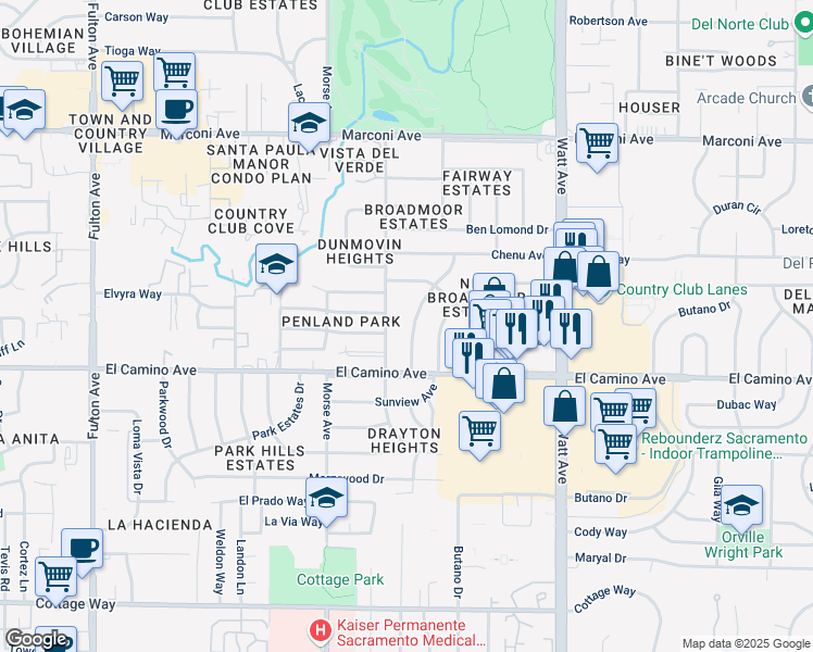 map of restaurants, bars, coffee shops, grocery stores, and more near 2519 Castlewood Drive in Sacramento