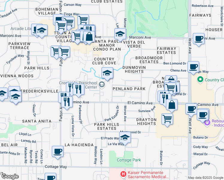 map of restaurants, bars, coffee shops, grocery stores, and more near 3005 Jonalan Drive in Sacramento
