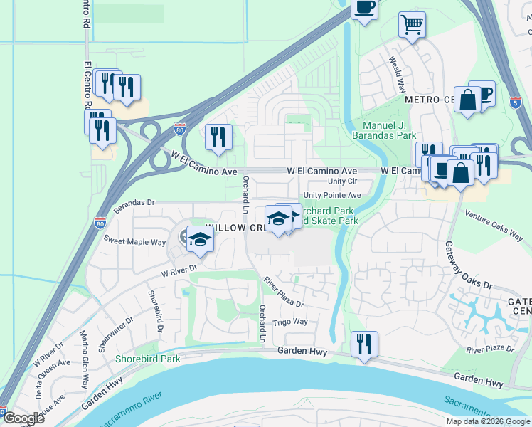 map of restaurants, bars, coffee shops, grocery stores, and more near 2500 Marta Bella Way in Sacramento