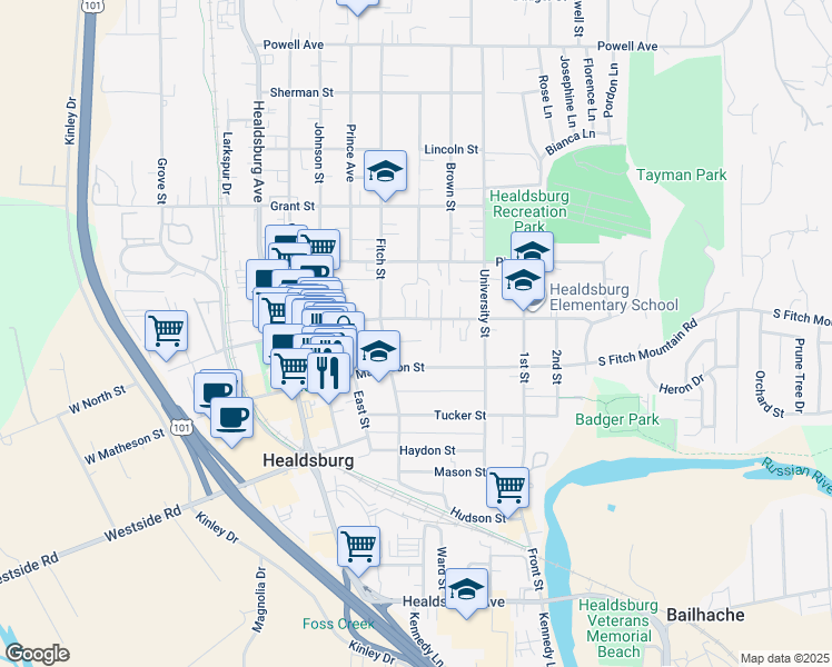 map of restaurants, bars, coffee shops, grocery stores, and more near 314 Plaza Street in Healdsburg