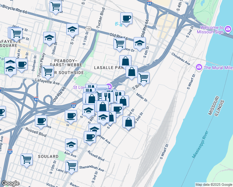 map of restaurants, bars, coffee shops, grocery stores, and more near 1501 South 7th Street in St. Louis