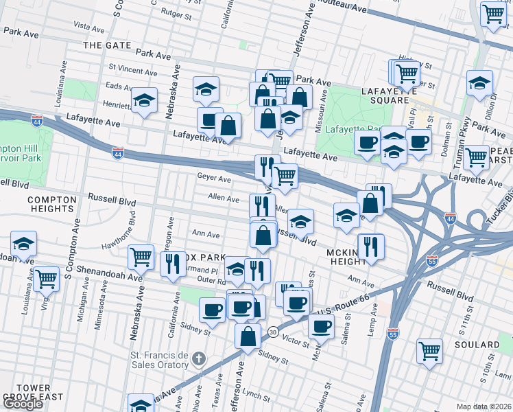 map of restaurants, bars, coffee shops, grocery stores, and more near in St. Louis