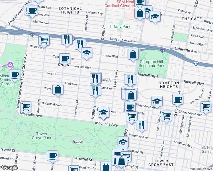 map of restaurants, bars, coffee shops, grocery stores, and more near 3830 Flad Avenue in St. Louis