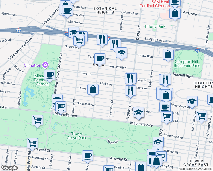 map of restaurants, bars, coffee shops, grocery stores, and more near 4007 Cleveland Avenue in St. Louis