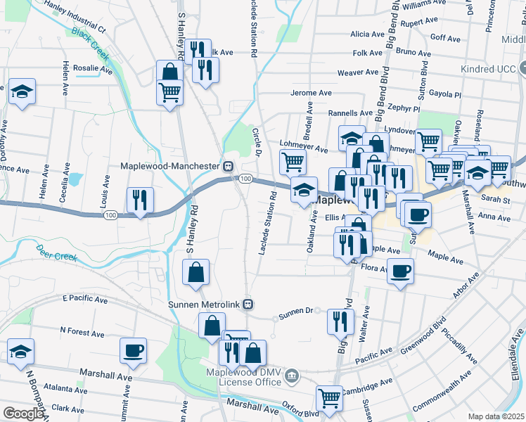 map of restaurants, bars, coffee shops, grocery stores, and more near 7846 Manchester Road in Maplewood