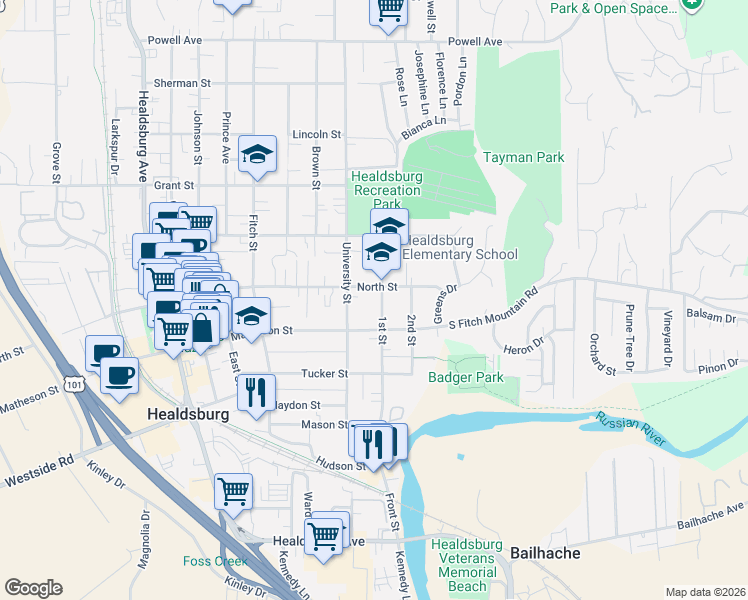 map of restaurants, bars, coffee shops, grocery stores, and more near 311 1st Street in Healdsburg