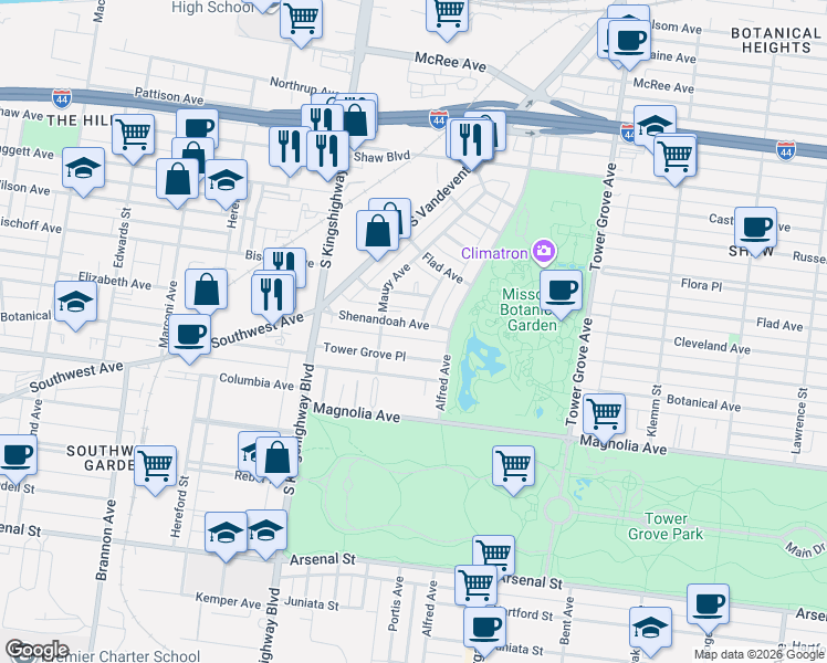 map of restaurants, bars, coffee shops, grocery stores, and more near 4536 Shenandoah Avenue in St. Louis