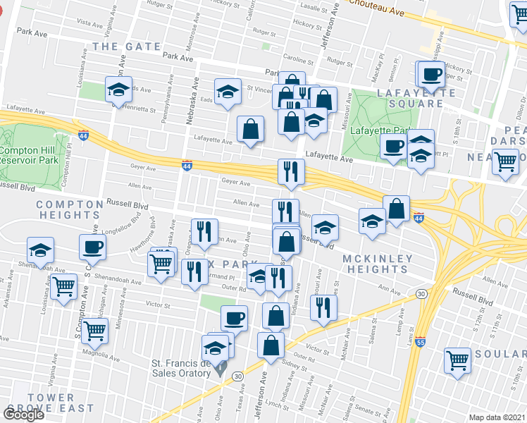 map of restaurants, bars, coffee shops, grocery stores, and more near 2640 Allen Avenue in St. Louis