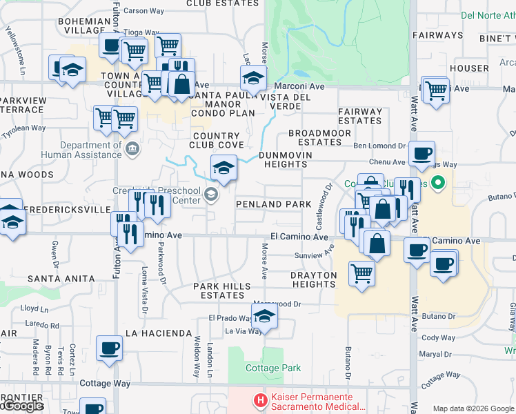 map of restaurants, bars, coffee shops, grocery stores, and more near 3023 Hampshire Drive in Sacramento
