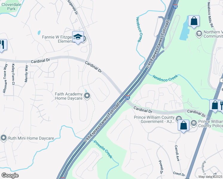 map of restaurants, bars, coffee shops, grocery stores, and more near 3175 Fledgling Circle in Woodbridge