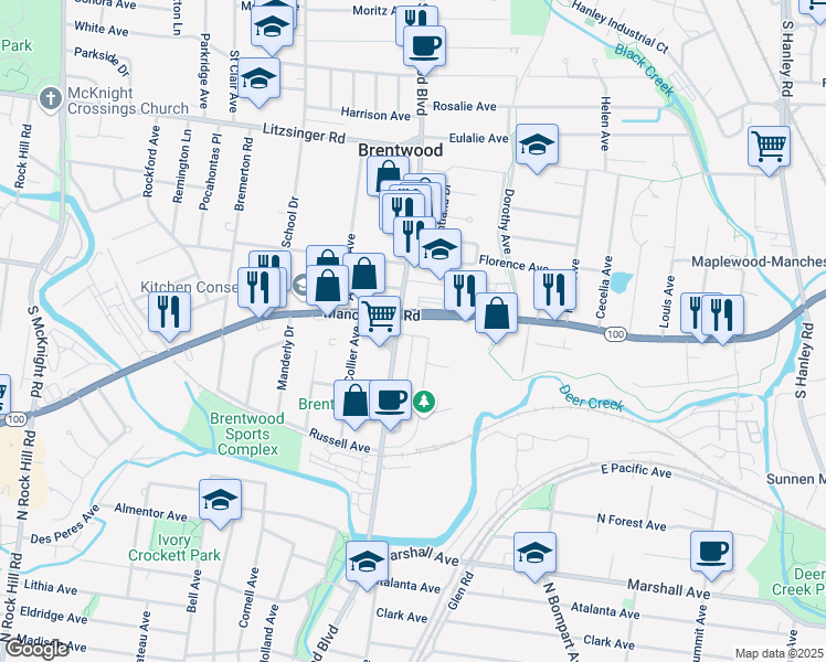 map of restaurants, bars, coffee shops, grocery stores, and more near 2732 South Brentwood Boulevard in Brentwood
