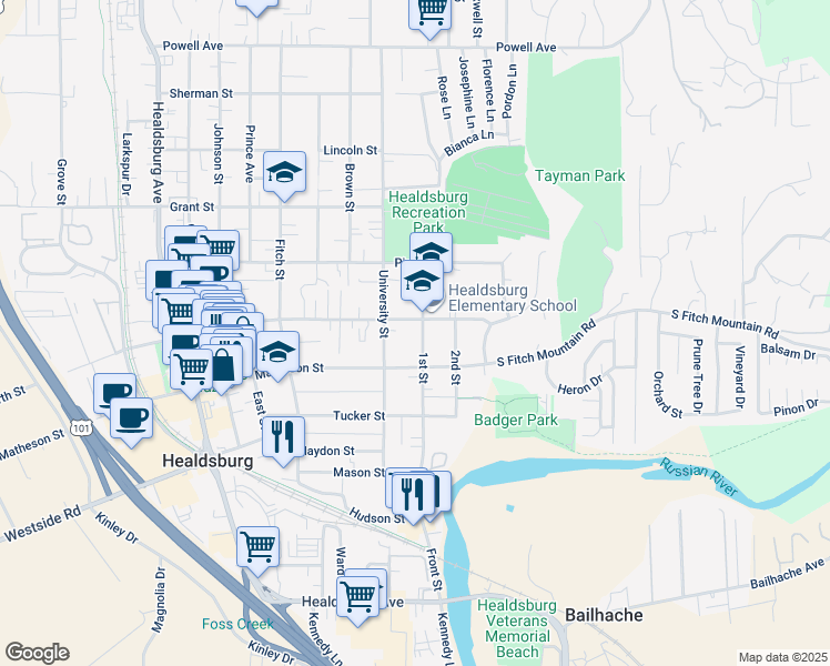 map of restaurants, bars, coffee shops, grocery stores, and more near 311 1st Street in Healdsburg