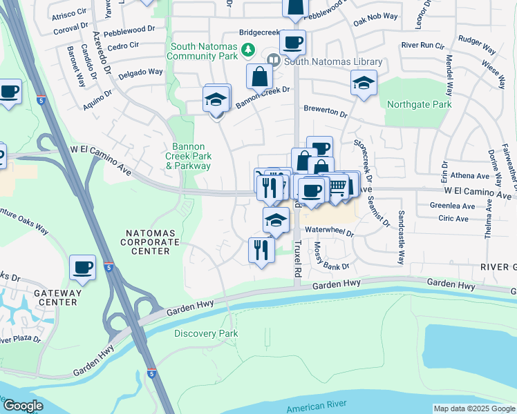 map of restaurants, bars, coffee shops, grocery stores, and more near 1640 West El Camino Avenue in Sacramento