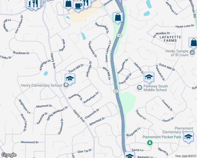 map of restaurants, bars, coffee shops, grocery stores, and more near 912 Dutch Mill Drive in Ballwin