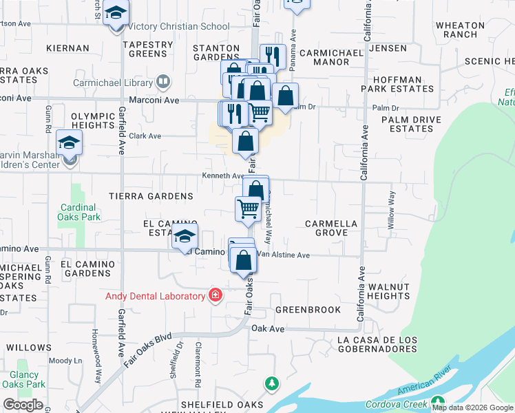 map of restaurants, bars, coffee shops, grocery stores, and more near 6041 Fair Oaks Boulevard in Carmichael