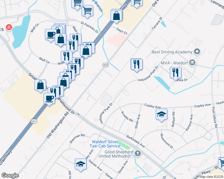 map of restaurants, bars, coffee shops, grocery stores, and more near 70 Industrial Park Drive in Waldorf